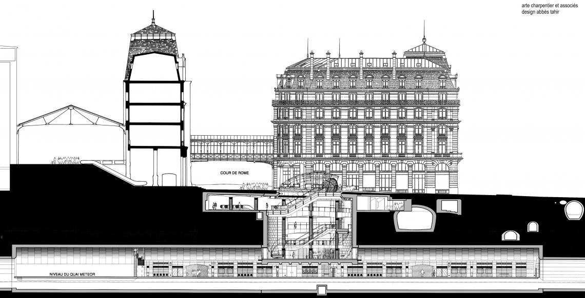 Cross-section of the lens-shaped glass roof in its context © Arte Charpentier Cross-section of the lens-shaped glass roof over Saint Lazare metro station