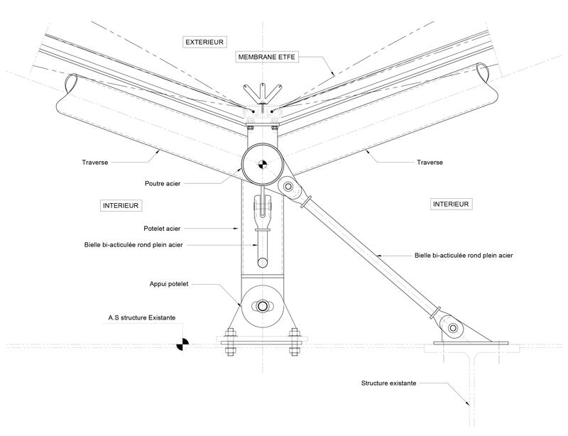 Coupe verticale détail appui tripode verrière ETFE Open Source